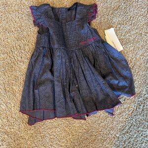 Navy Floral Flutter Sleeve Dress with Pink Trim - Kids